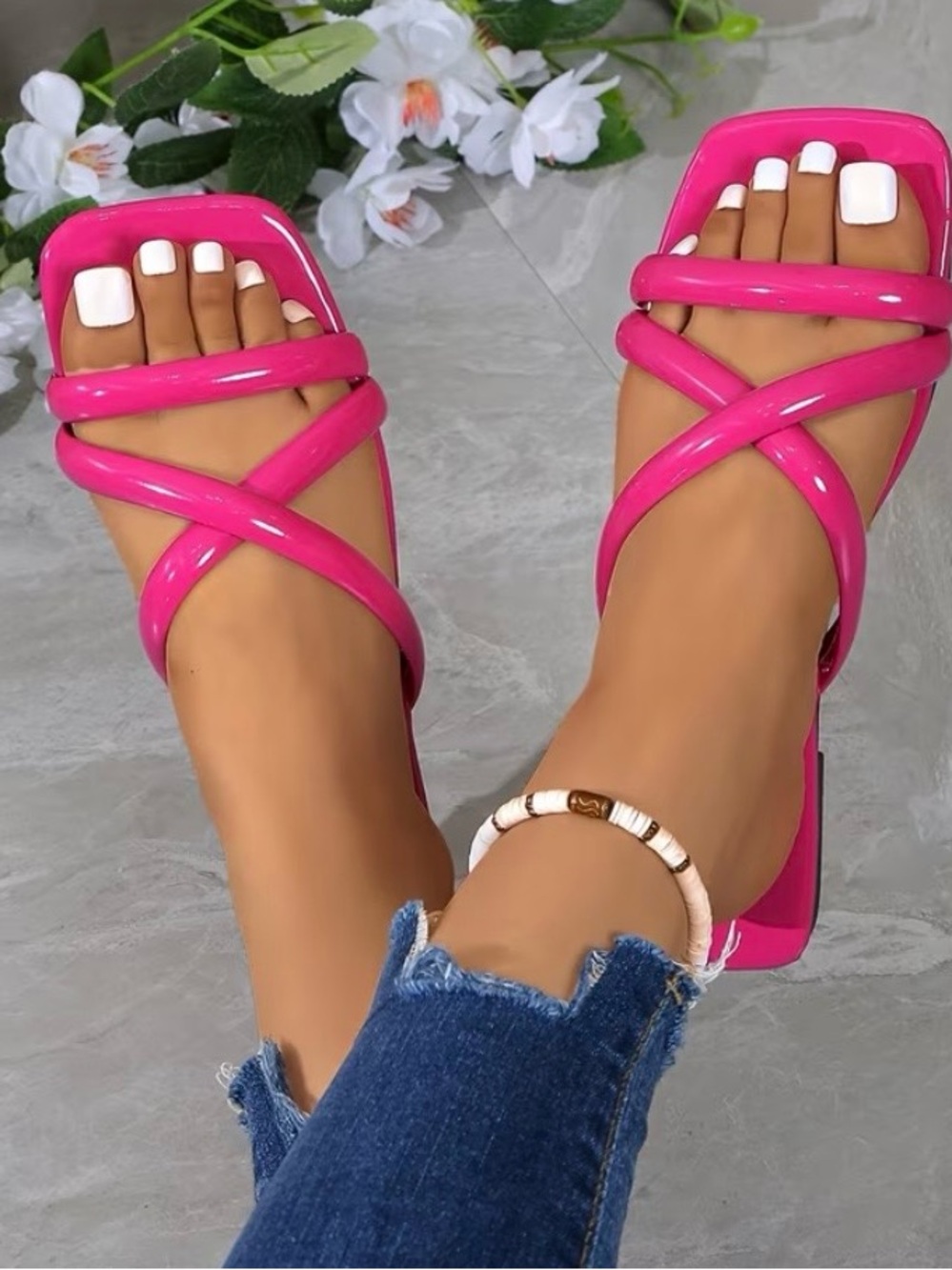 Hot Pink Strappy Square-Toe Sandals - Picture 4 of 4